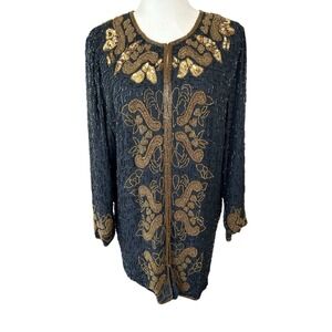 Vintage Land Mark Silk Beaded Jacket Medium Black Gold Whimsigoth Holiday Party